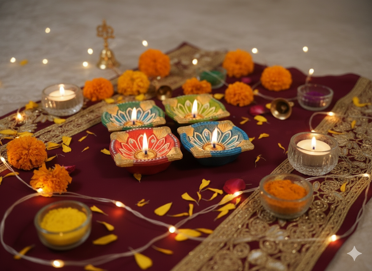 4-Pack Hand-Painted Decorative Clay Diyas for Diwali & Pooja