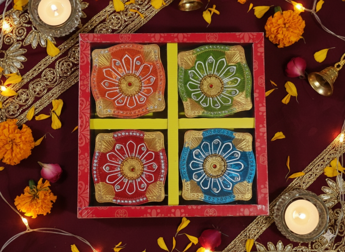 4-Pack Hand-Painted Decorative Clay Diyas for Diwali & Pooja