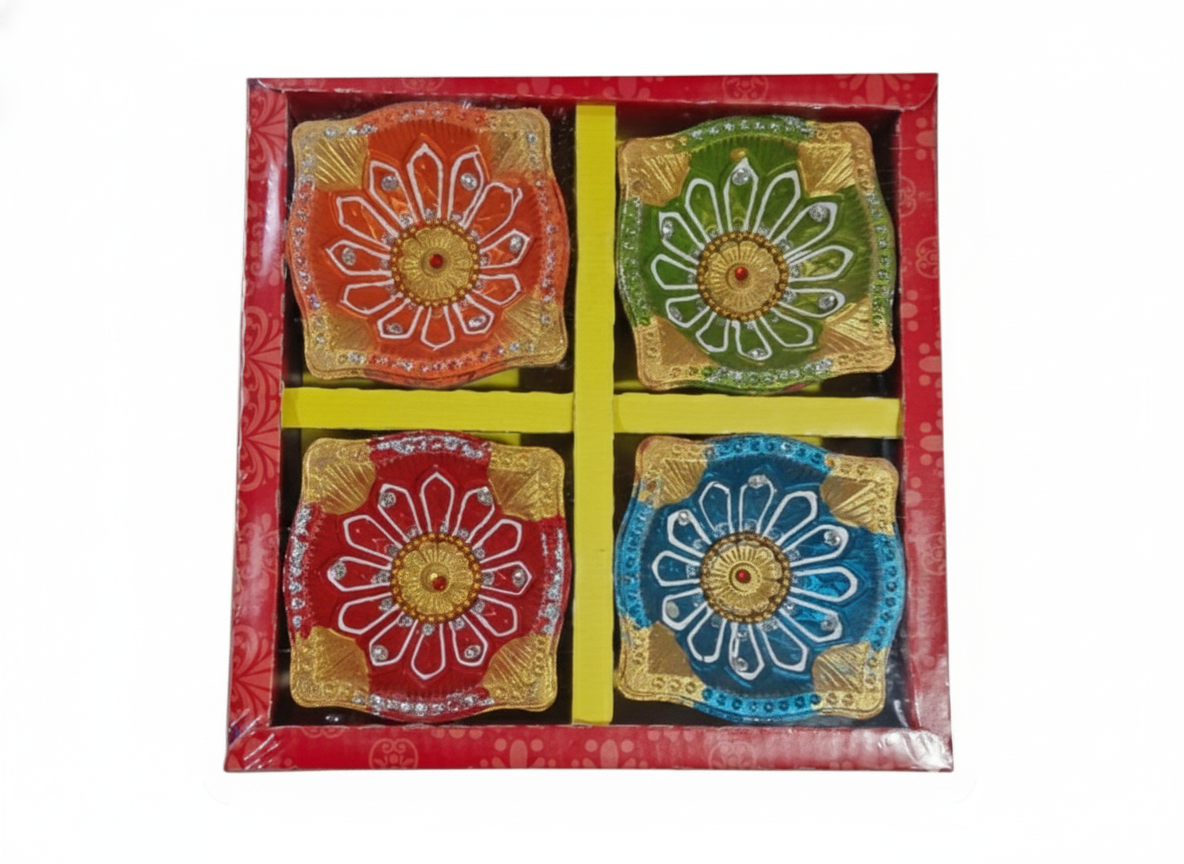 4-Pack Hand-Painted Decorative Clay Diyas for Diwali & Pooja