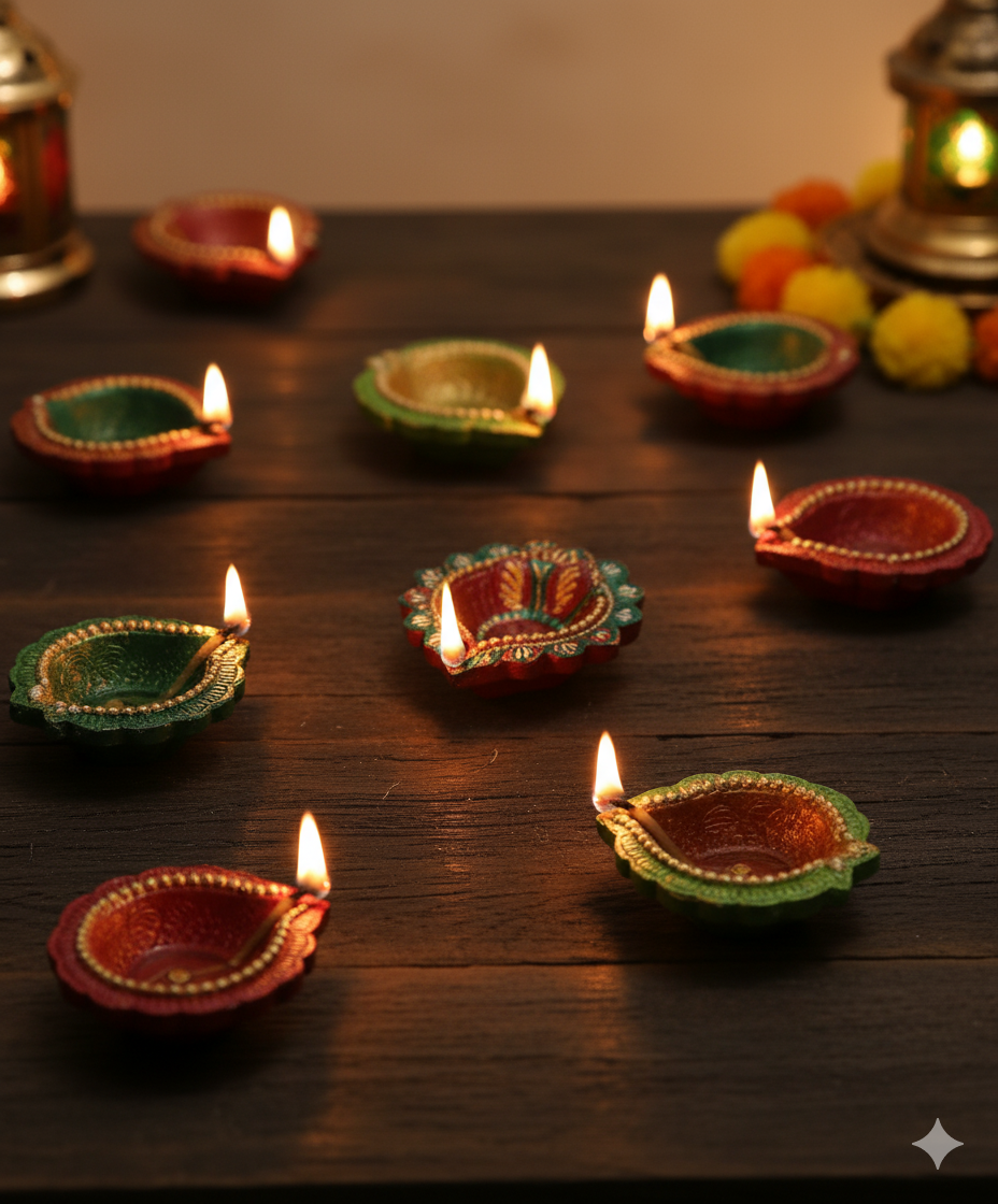 Decorative Diya Set of 12, Hand-Painted Clay Oil Lamps for Pooja, Navratri, Diwali, and Home Decoration