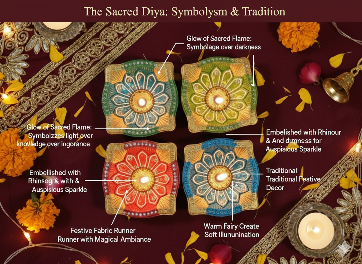 4-Pack Hand-Painted Decorative Clay Diyas for Diwali & Pooja