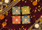 4-Pack Hand-Painted Decorative Clay Diyas for Diwali & Pooja