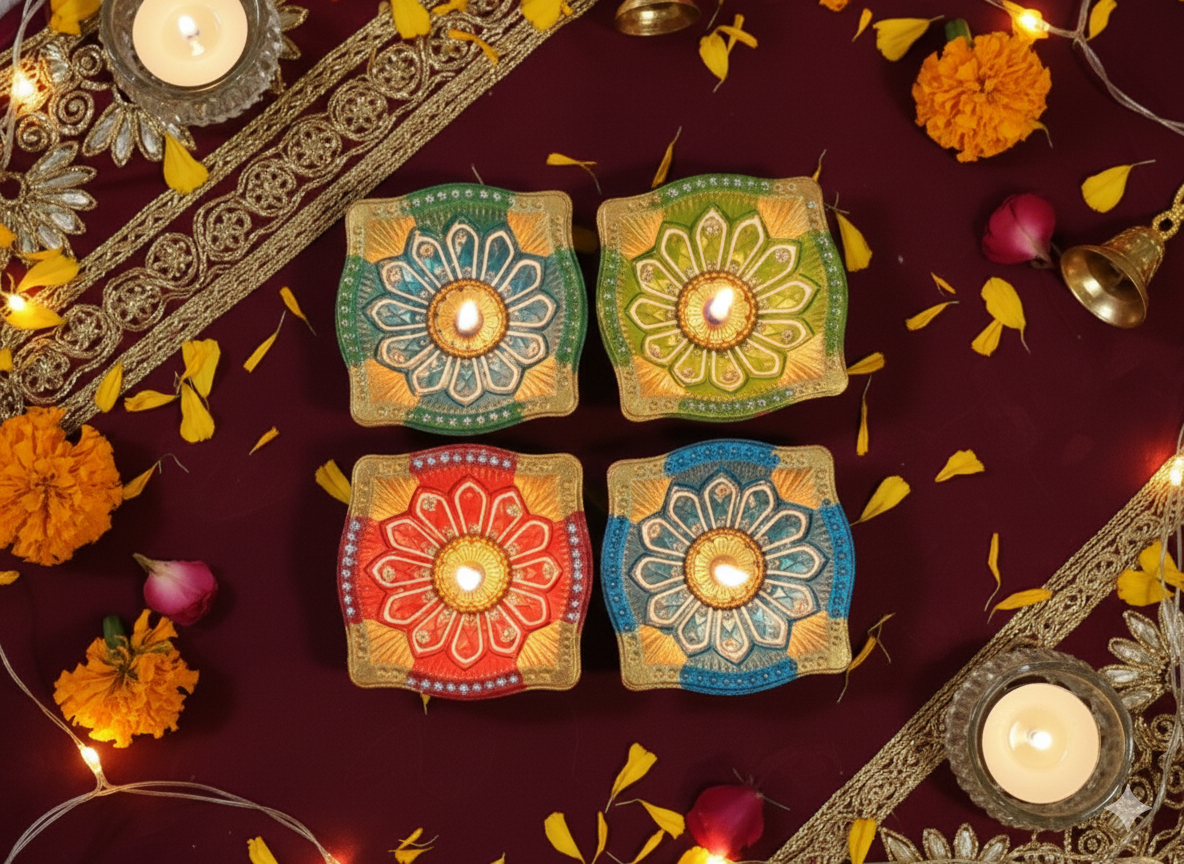4-Pack Hand-Painted Decorative Clay Diyas for Diwali & Pooja