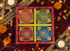 4-Pack Hand-Painted Decorative Clay Diyas for Diwali & Pooja