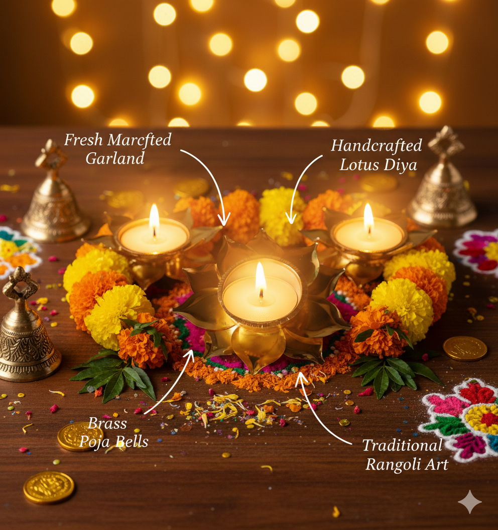 Decorative Golden Brass Diya for Pooja and Festivals