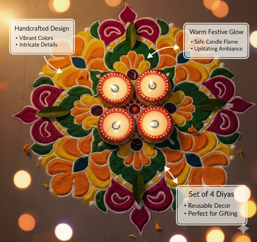 Hand-Painted Clay Diya Set of 4 | Decorative Mitti Diya for Diwali