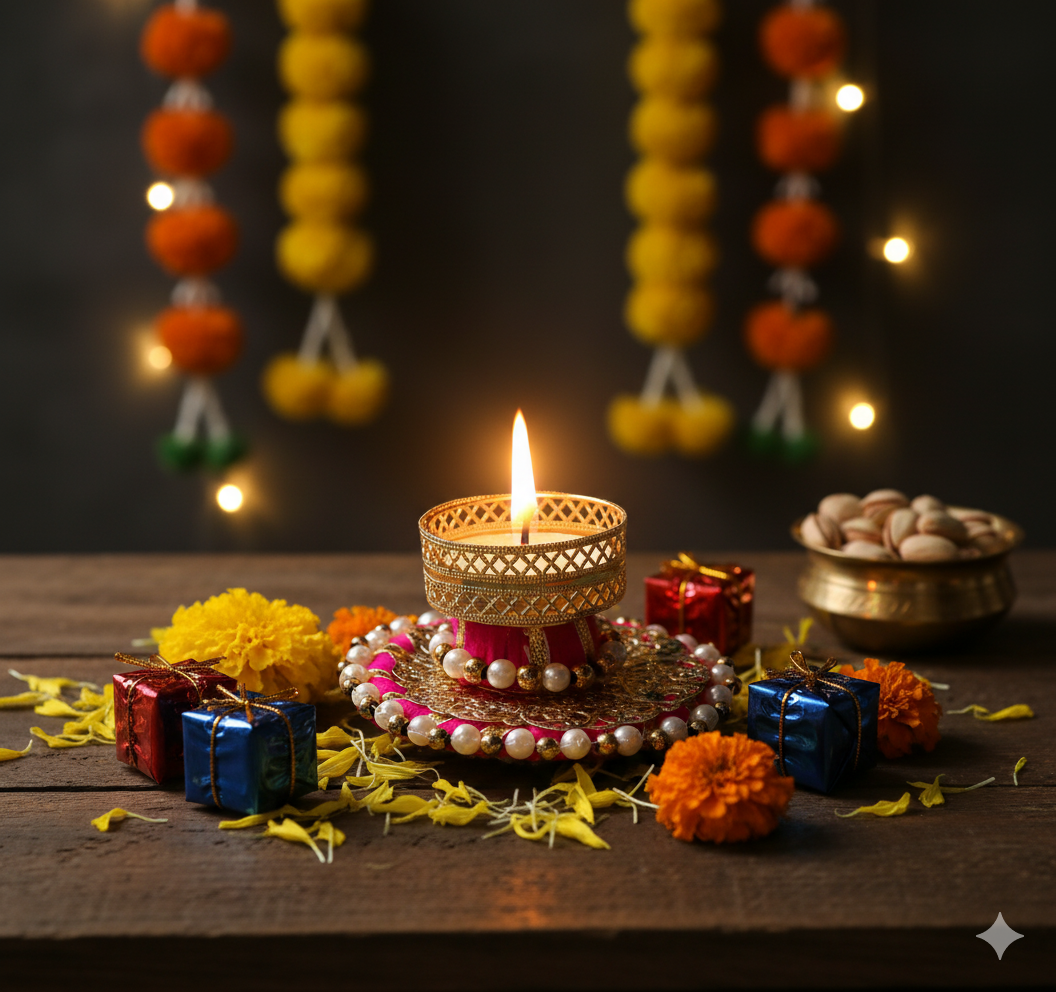 Handcrafted Pearl & Gold Diya - Light Up Your Navratri & Diwali Celebrations