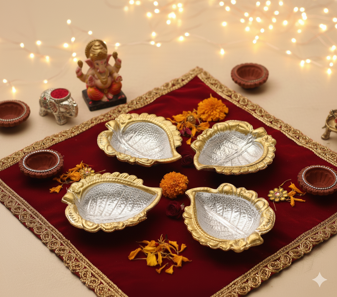 Set of 4 Silver Gold Plated Leaf Diya for Diwali Decoration