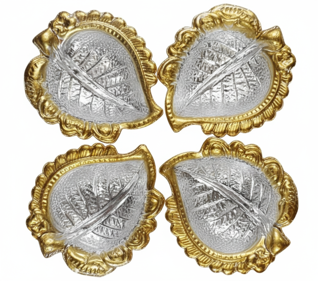 Set of 4 Silver Gold Plated Leaf Diya for Diwali Decoration