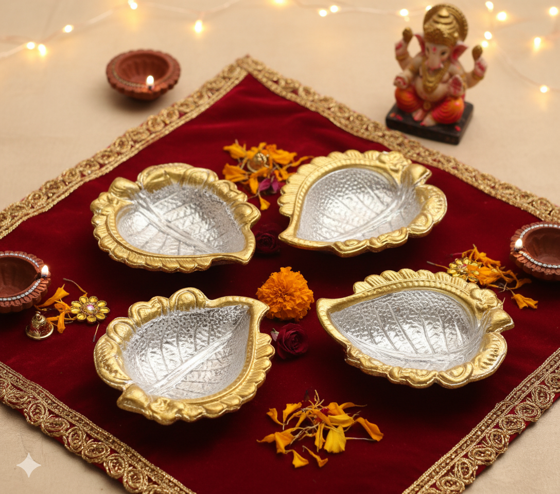 Set of 4 Silver Gold Plated Leaf Diya for Diwali Decoration