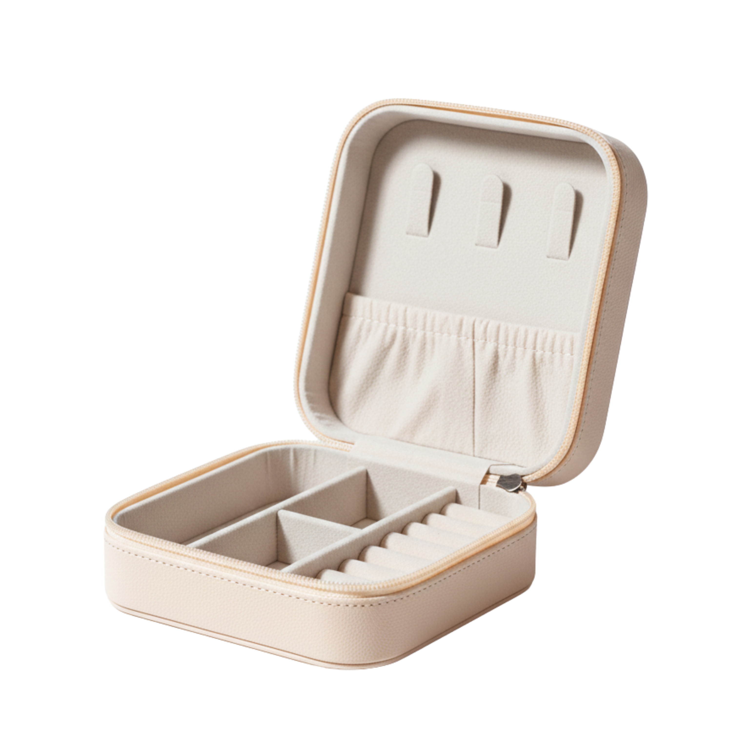 EKVEER Mini Travel Jewellery Box for Women, Portable PU Leather Jewellery Organiser with Zipper - Beige/Light Peach