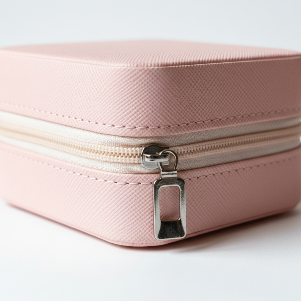 EKVEER Mini Travel Jewellery Box for Women, Portable PU Leather Jewellery Organiser with Zipper - Beige/Light Peach
