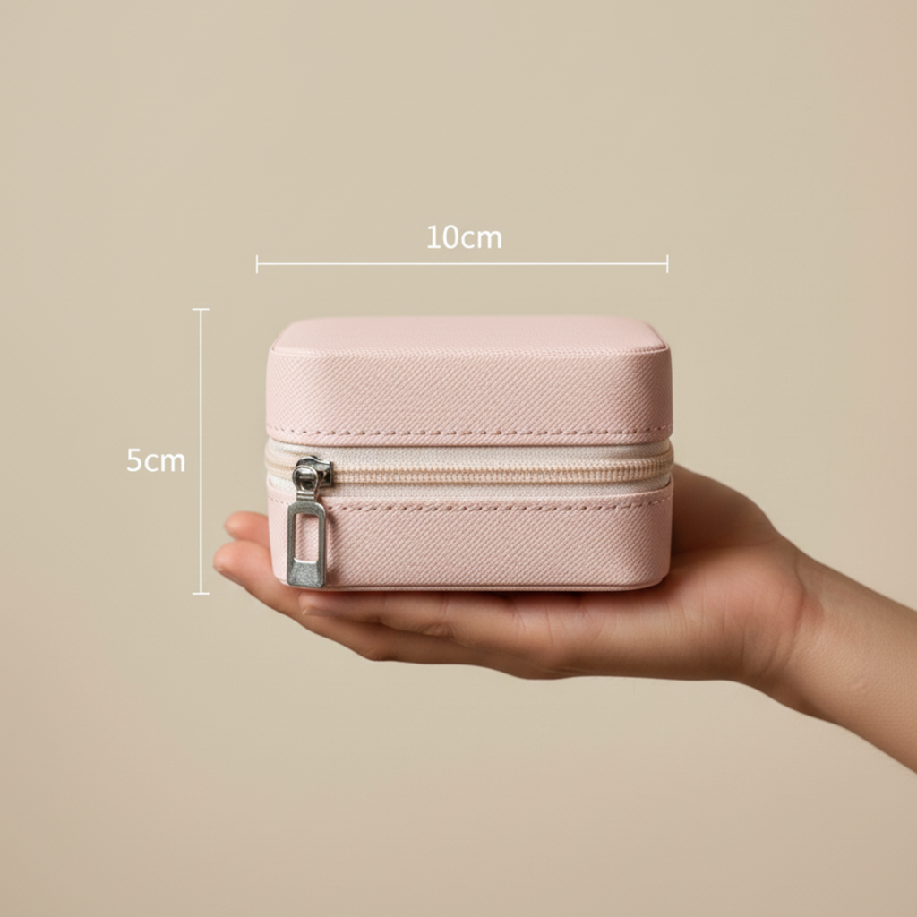 EKVEER Mini Travel Jewellery Box for Women, Portable PU Leather Jewellery Organiser with Zipper - Beige/Light Peach