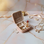 EKVEER Mini Travel Jewellery Box for Women, Portable PU Leather Jewellery Organiser with Zipper - Beige/Light Peach