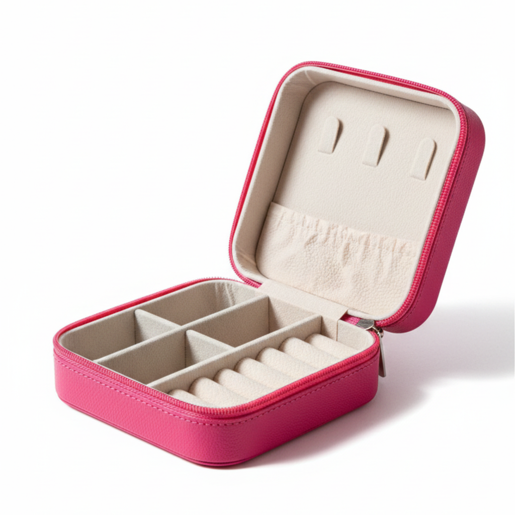 EKVEER Mini Travel Jewellery Box for Women, Portable PU Leather Jewellery Organiser with Zipper - Hot Pink/Fuchsia
