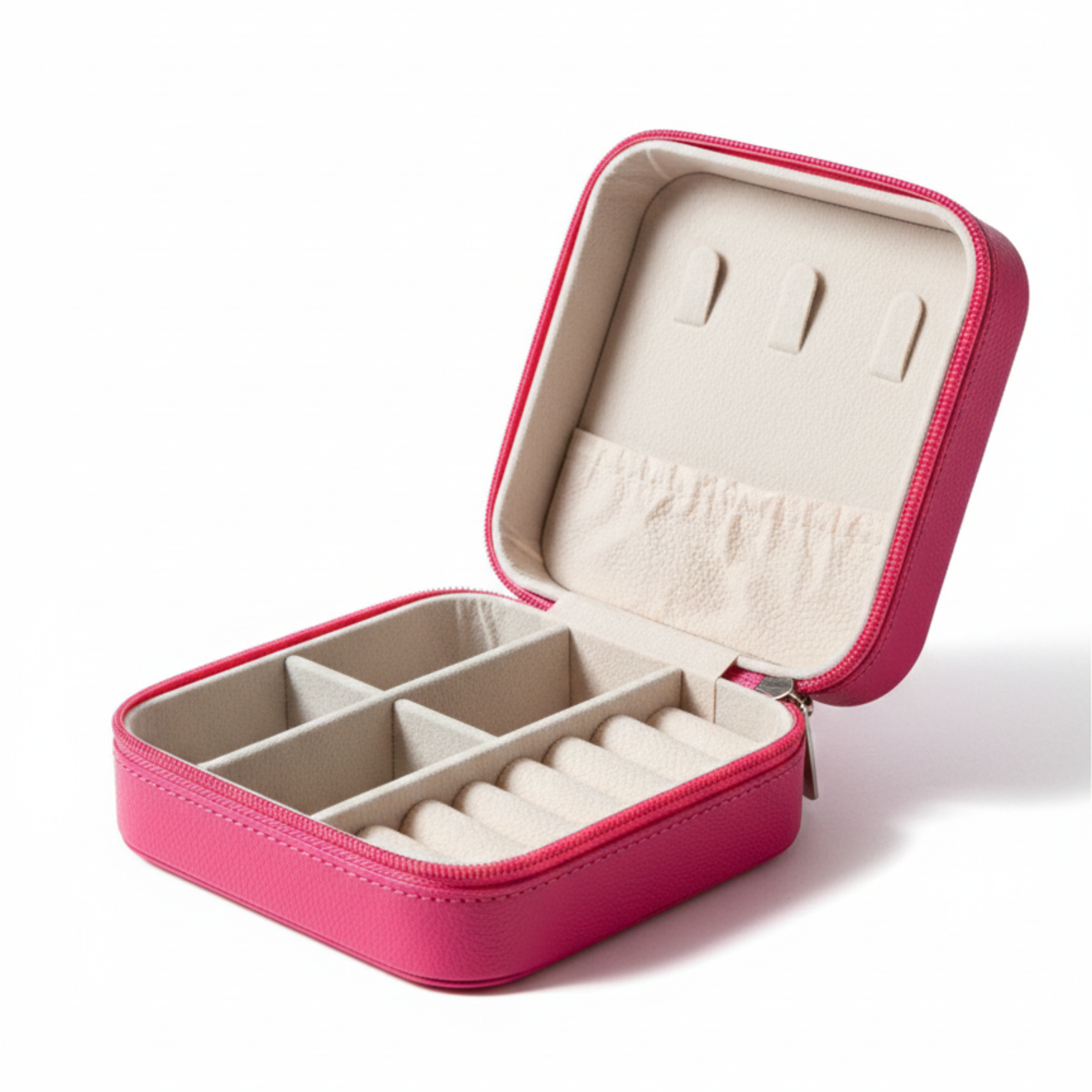 EKVEER Mini Travel Jewellery Box for Women, Portable PU Leather Jewellery Organiser with Zipper - Hot Pink/Fuchsia