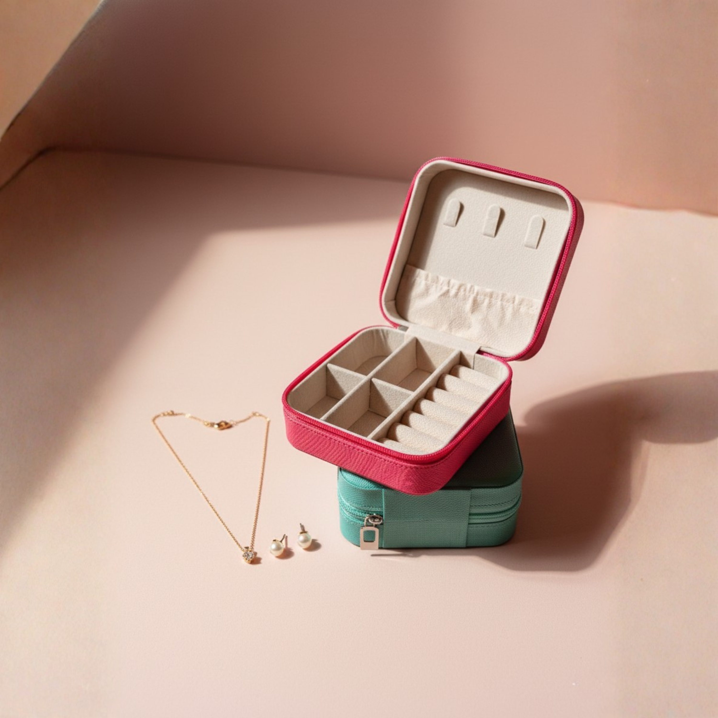 EKVEER Mini Travel Jewellery Box for Women, Portable PU Leather Jewellery Organiser with Zipper - Hot Pink/Fuchsia