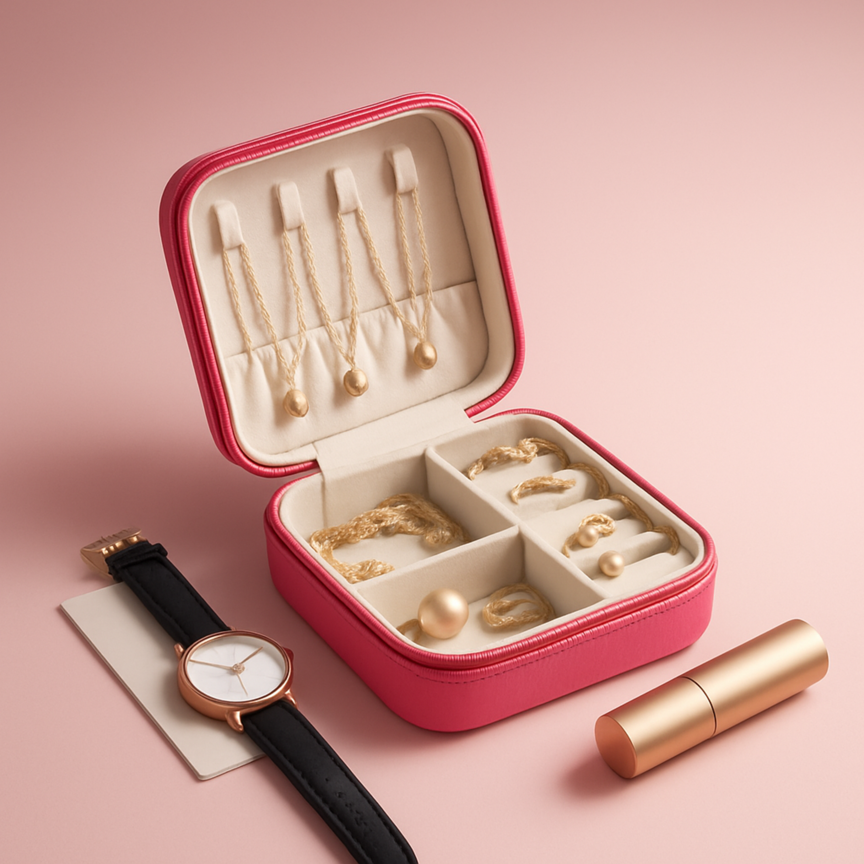 EKVEER Mini Travel Jewellery Box for Women, Portable PU Leather Jewellery Organiser with Zipper - Hot Pink/Fuchsia