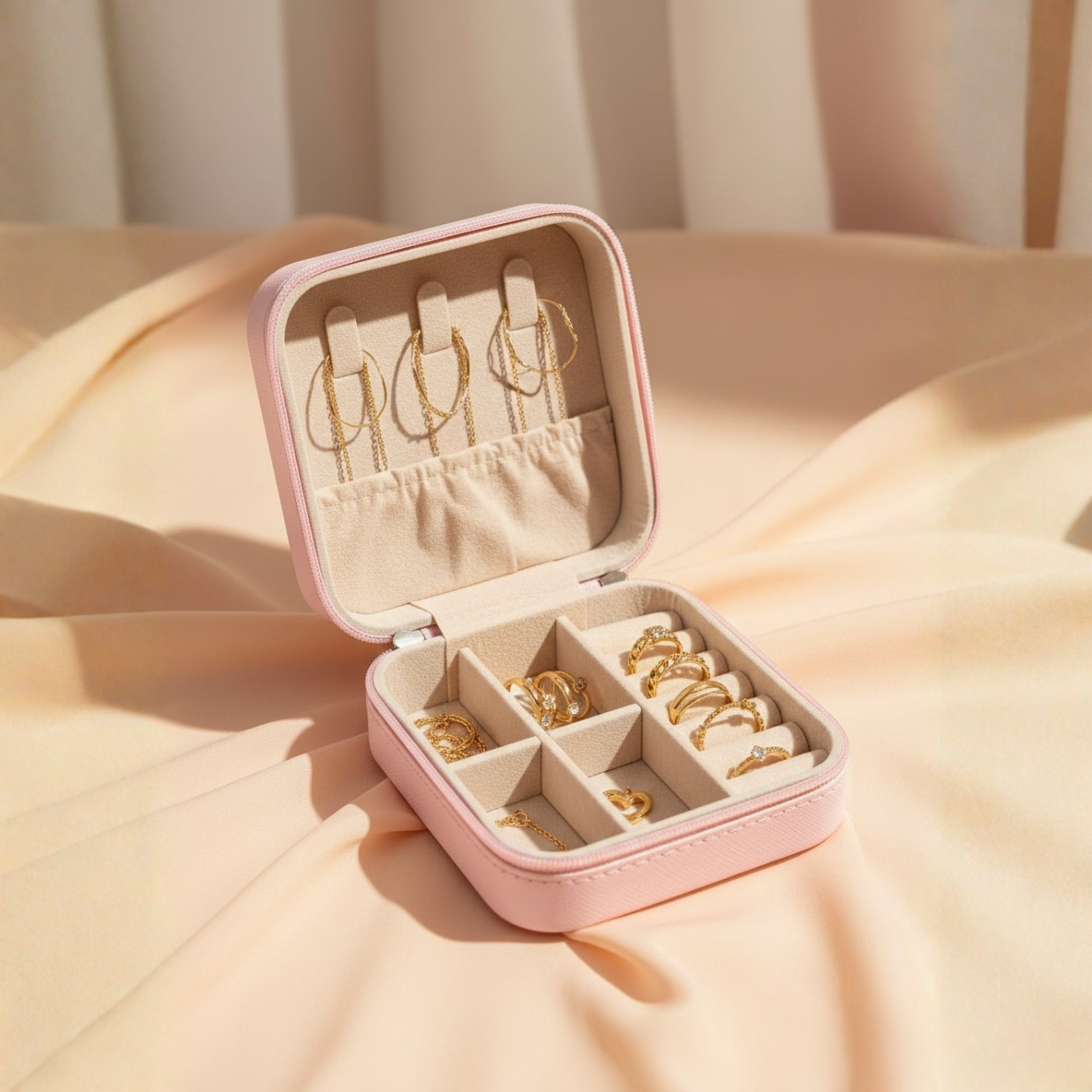 EKVEER Mini Travel Jewellery Box for Women, Portable PU Leather Jewellery Organiser with Zipper - Light Pink/Blush Pink