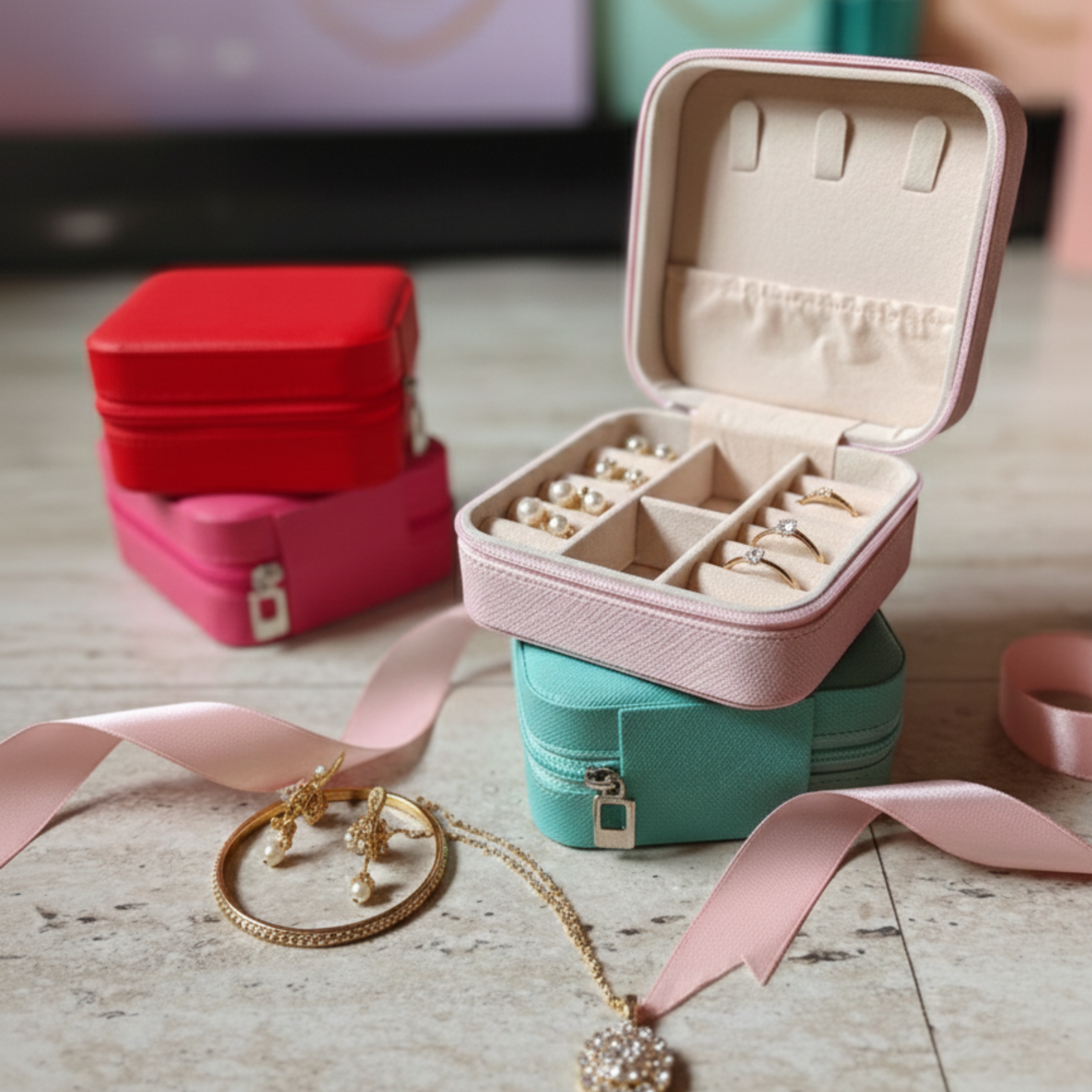 EKVEER Mini Travel Jewellery Box for Women, Portable PU Leather Jewellery Organiser with Zipper - Light Pink/Blush Pink