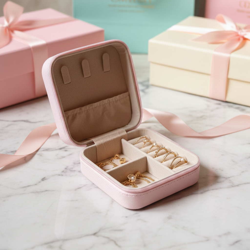 EKVEER Mini Travel Jewellery Box for Women, Portable PU Leather Jewellery Organiser with Zipper - Light Pink/Blush Pink