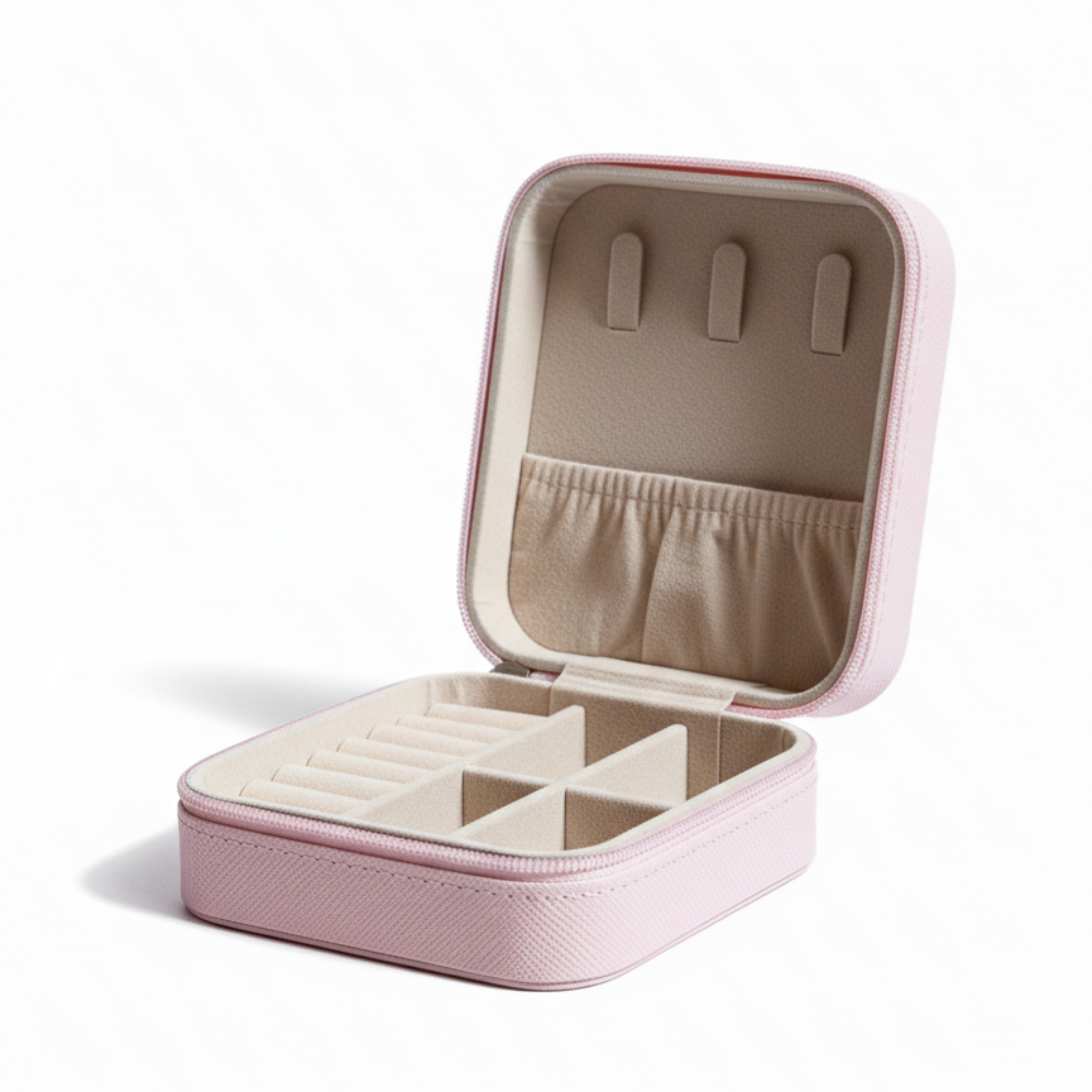 EKVEER Mini Travel Jewellery Box for Women, Portable PU Leather Jewellery Organiser with Zipper - Light Pink/Blush Pink