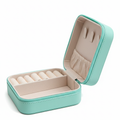 EKVEER Mini Travel Jewellery Box for Women, Portable PU Leather Jewellery Organiser with Zipper - Mint Green/Teal