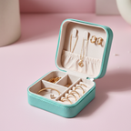 EKVEER Mini Travel Jewellery Box for Women, Portable PU Leather Jewellery Organiser with Zipper - Mint Green/Teal