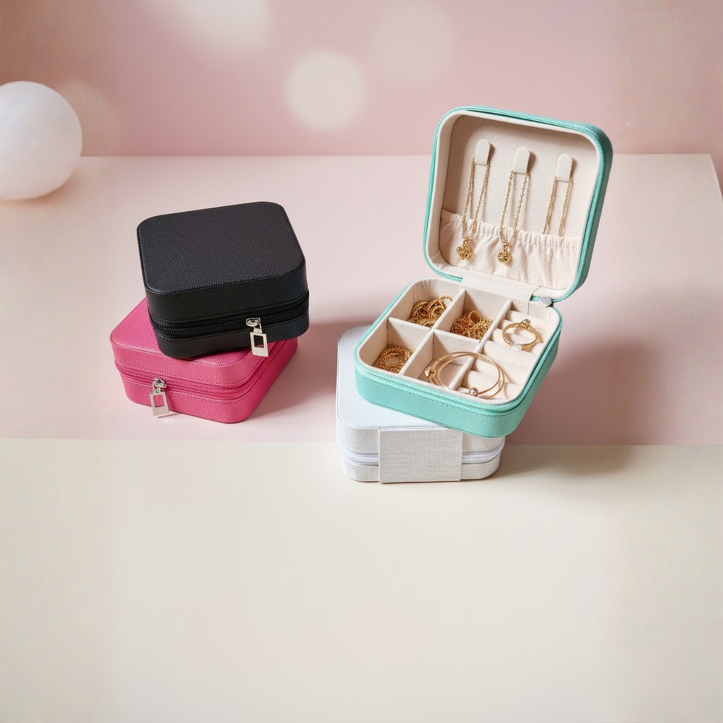 EKVEER Mini Travel Jewellery Box for Women, Portable PU Leather Jewellery Organiser with Zipper - Mint Green/Teal