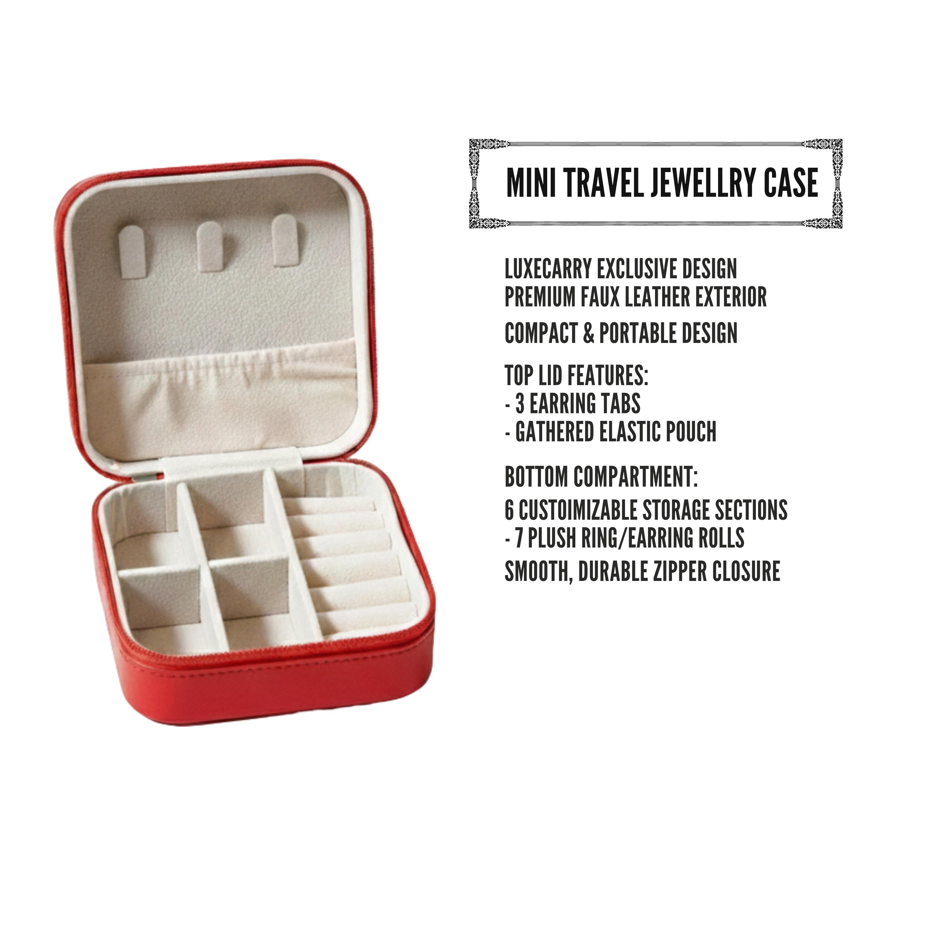 EKVEER Mini Travel Jewellery Box for Women, Portable PU Leather Jewellery Organiser with Zipper - Red