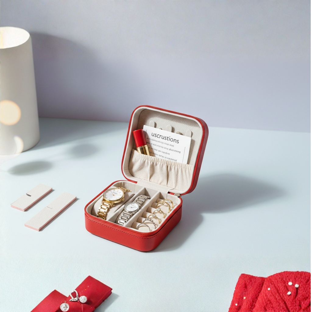 EKVEER Mini Travel Jewellery Box for Women, Portable PU Leather Jewellery Organiser with Zipper - Red