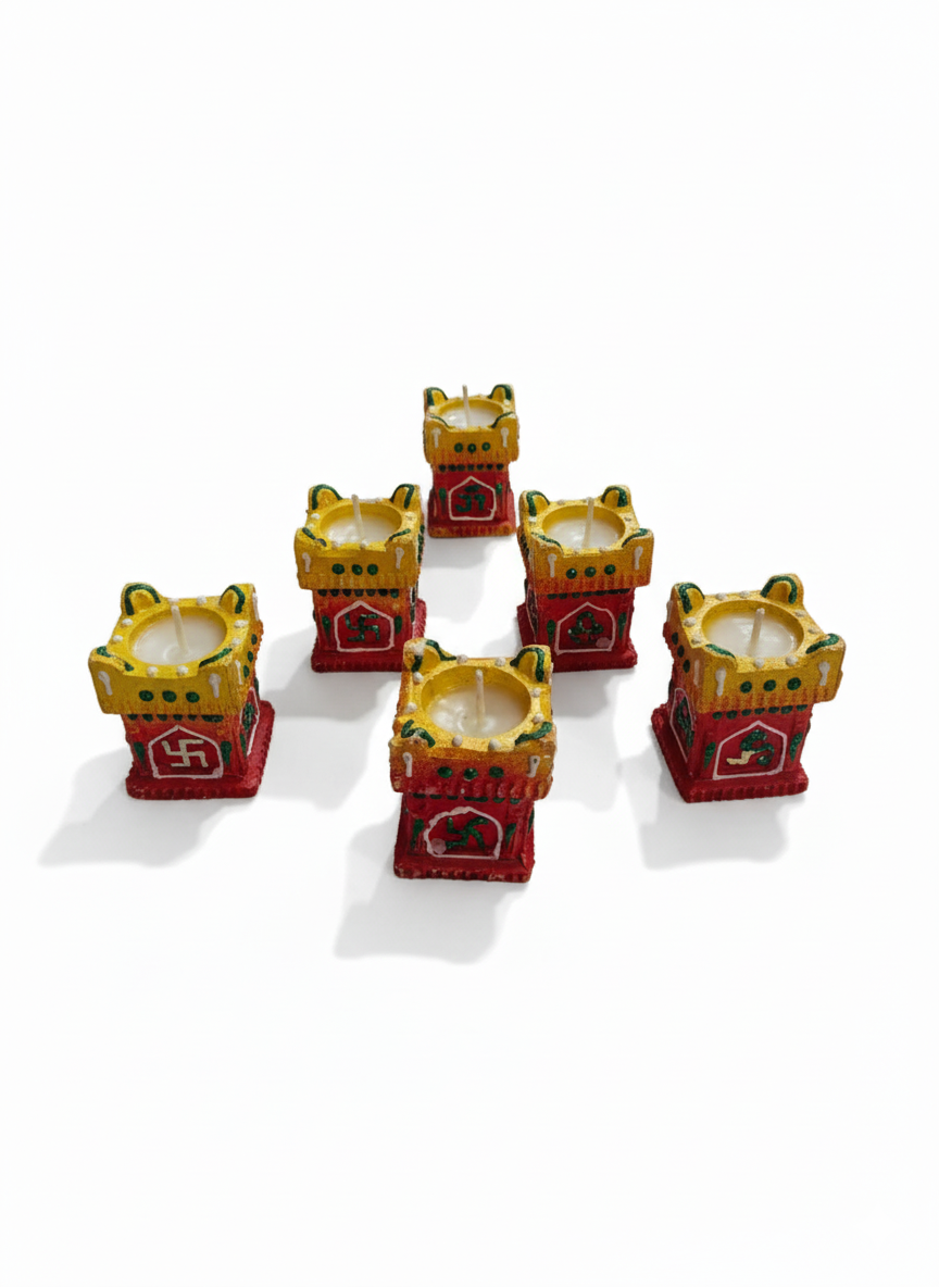 Exclusive Hand painted Tulsi Diya (Set of 6) - Premium Reusable Tealight Holders for Diwali Pooja & Home Decor