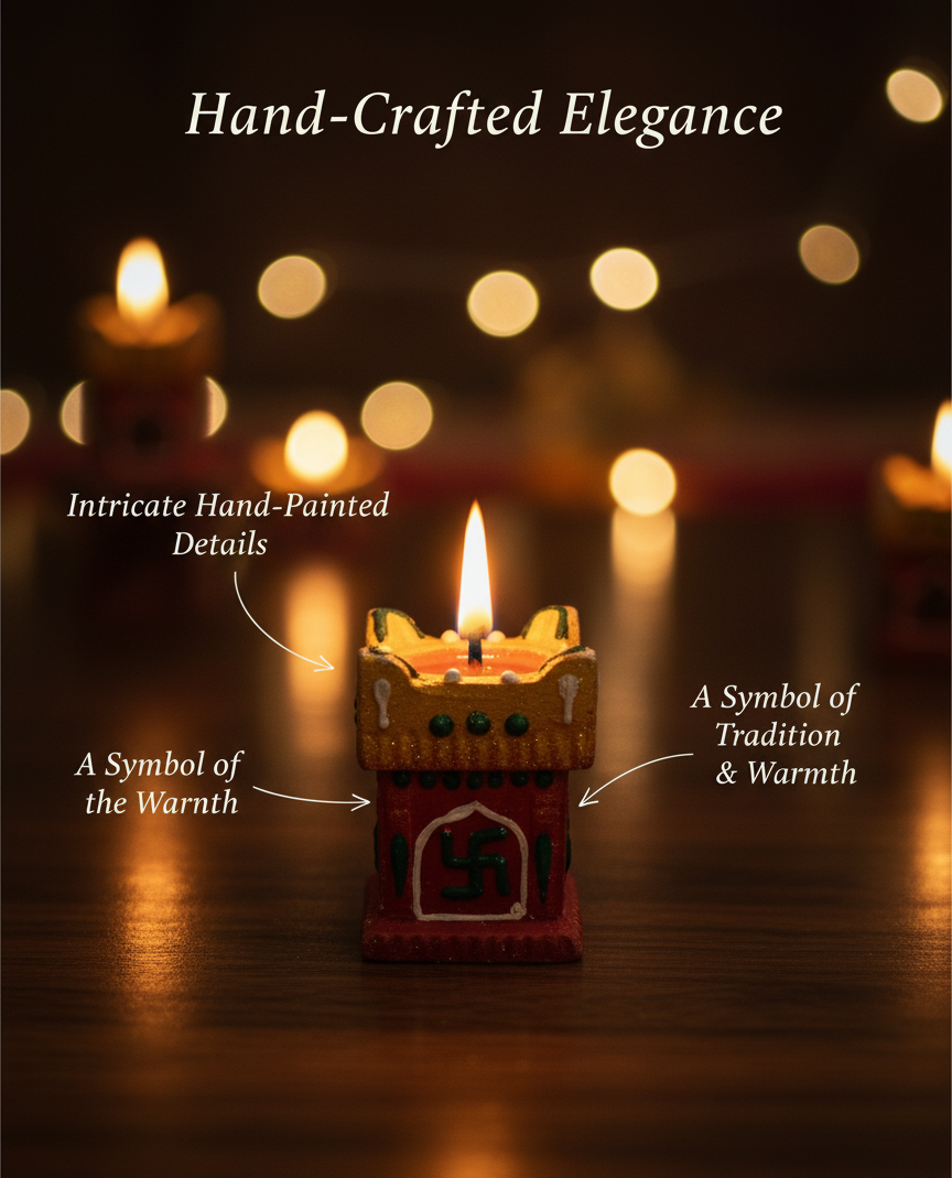 Exclusive Hand painted Tulsi Diya (Set of 6) - Premium Reusable Tealight Holders for Diwali Pooja & Home Decor