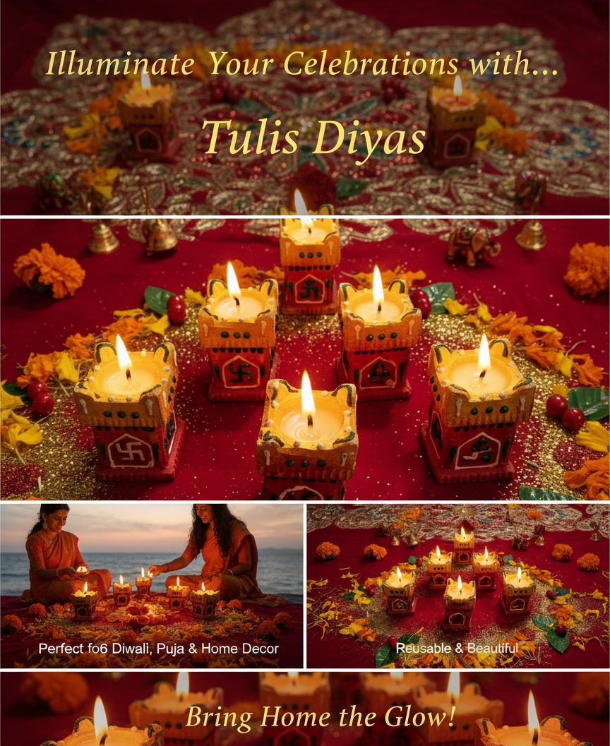 Exclusive Hand painted Tulsi Diya (Set of 6) - Premium Reusable Tealight Holders for Diwali Pooja & Home Decor