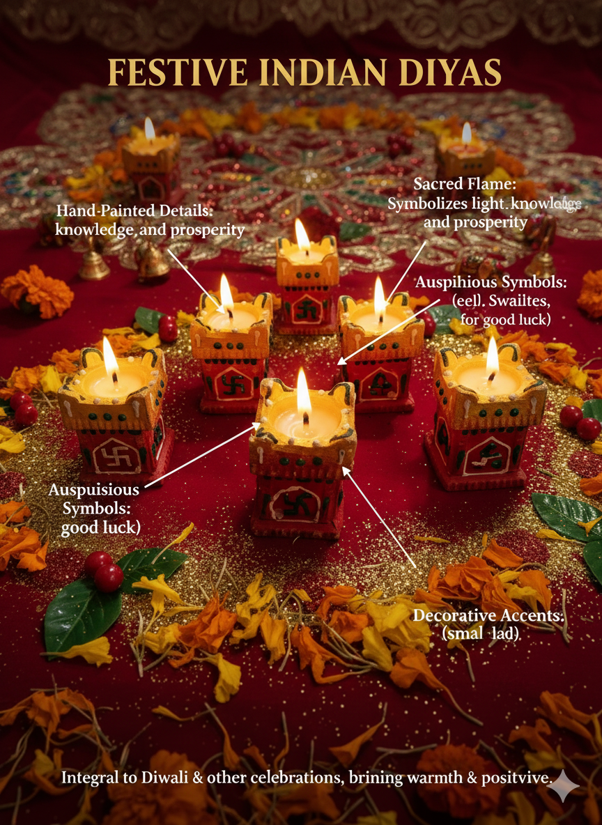 Exclusive Hand painted Tulsi Diya (Set of 6) - Premium Reusable Tealight Holders for Diwali Pooja & Home Decor
