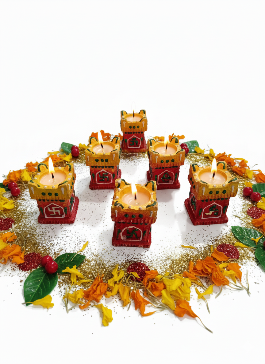 Exclusive Hand painted Tulsi Diya (Set of 6) - Premium Reusable Tealight Holders for Diwali Pooja & Home Decor