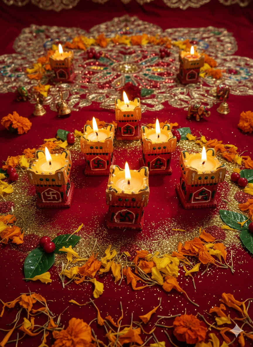 Exclusive Hand painted Tulsi Diya (Set of 6) - Premium Reusable Tealight Holders for Diwali Pooja & Home Decor
