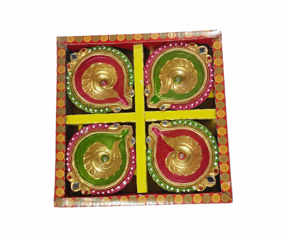 Vibrant Multicolored Decorative Clay Diyas (4 Pc) for Diwali Home Decor & Festive Lighting
