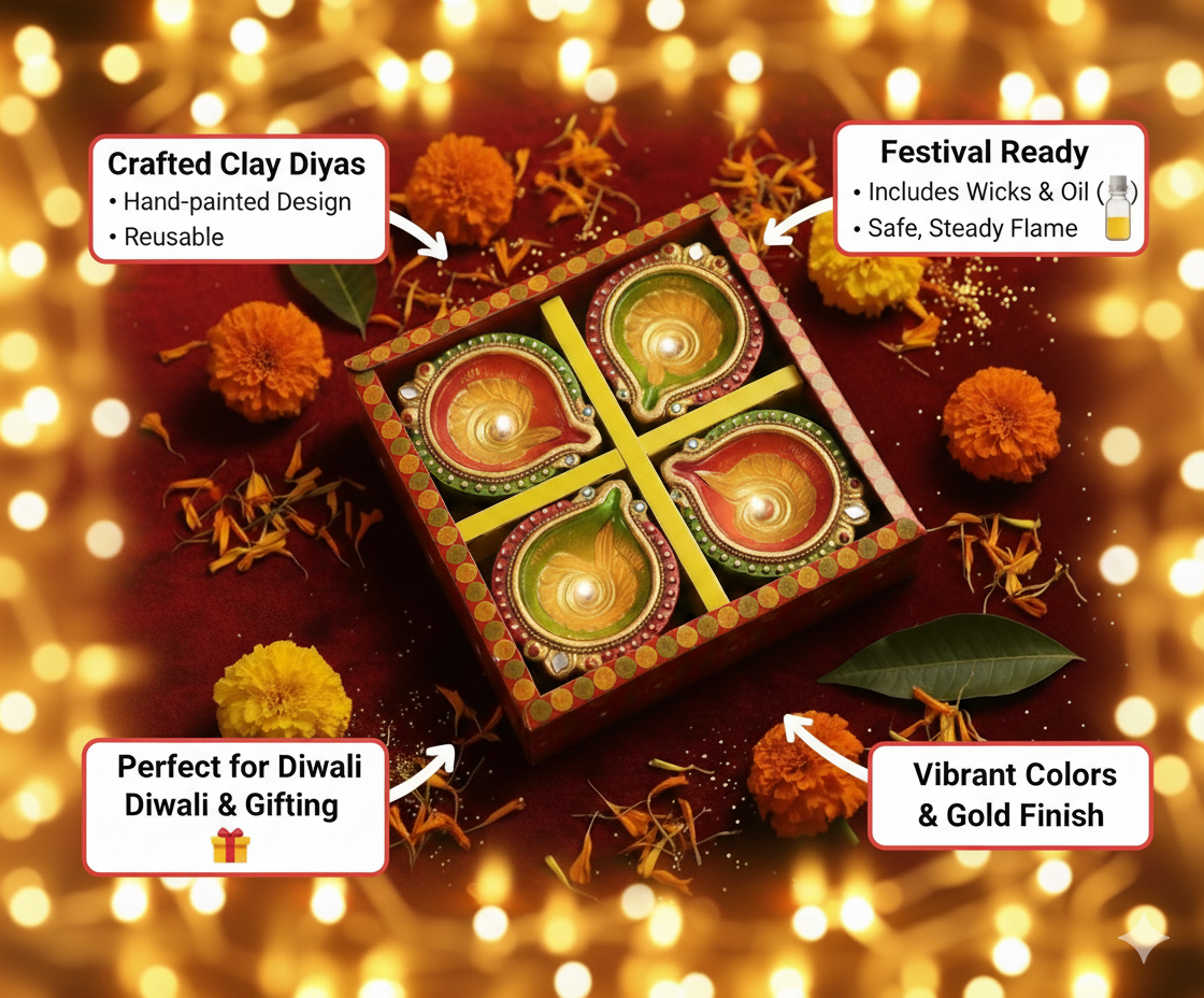 Vibrant Multicolored Decorative Clay Diyas (4 Pc) for Diwali Home Decor & Festive Lighting