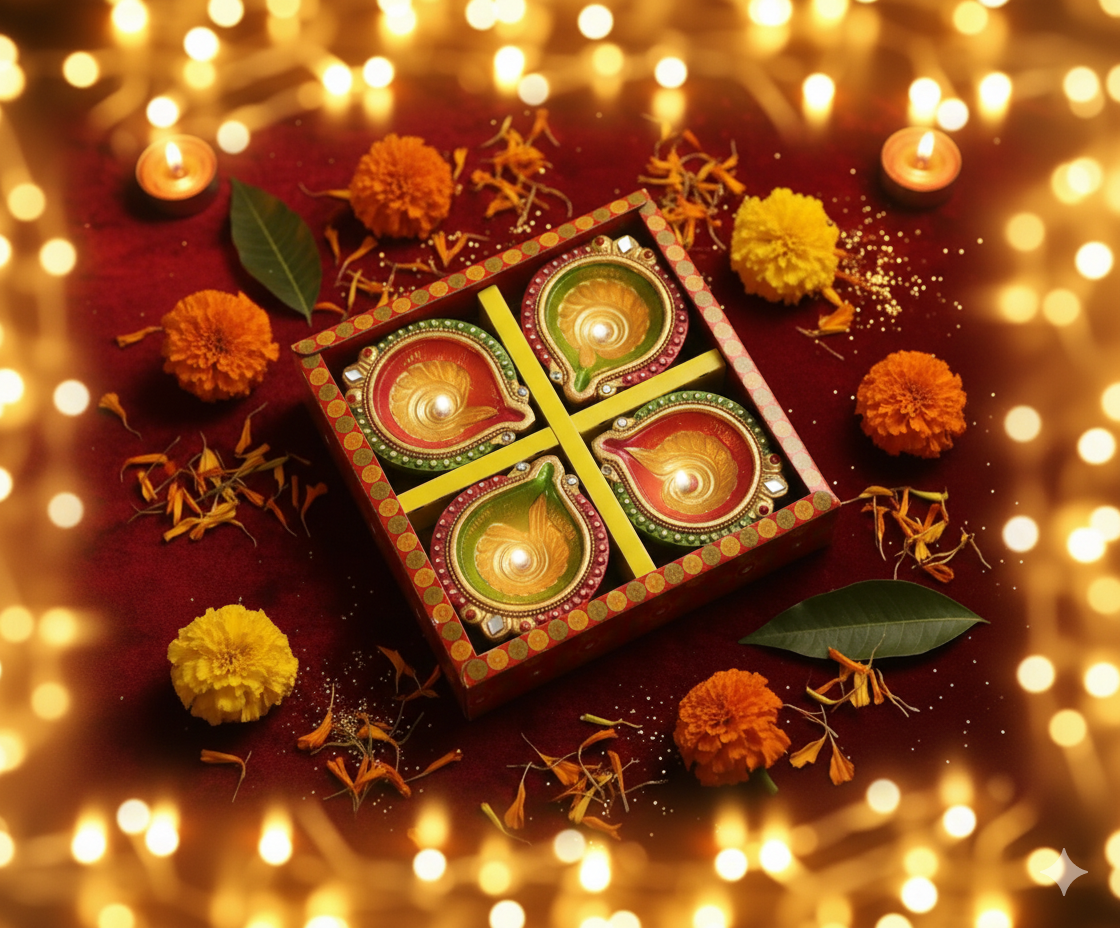 Vibrant Multicolored Decorative Clay Diyas (4 Pc) for Diwali Home Decor & Festive Lighting