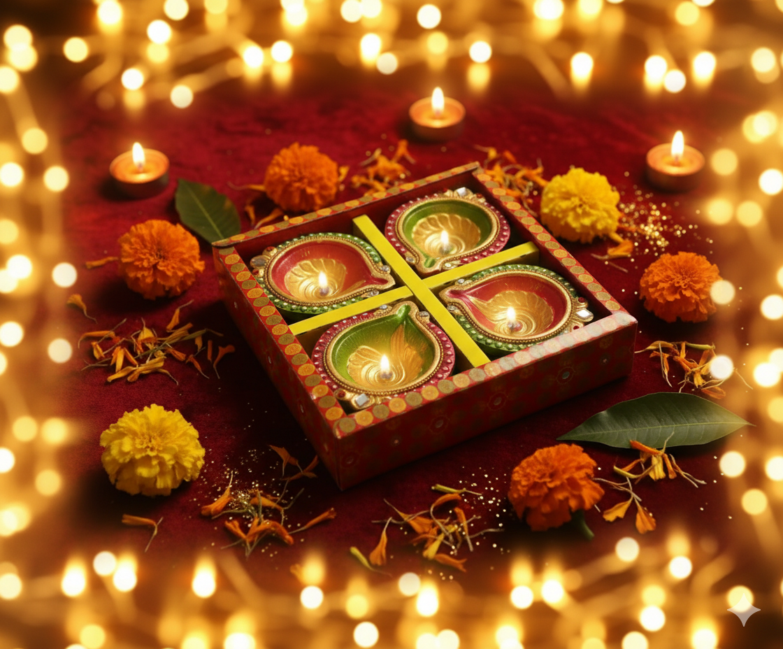 Vibrant Multicolored Decorative Clay Diyas (4 Pc) for Diwali Home Decor & Festive Lighting