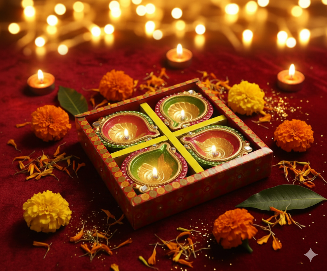 Vibrant Multicolored Decorative Clay Diyas (4 Pc) for Diwali Home Decor & Festive Lighting